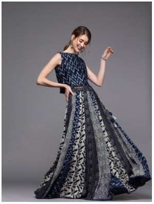 Blue & White Printed Paneled Lehenga